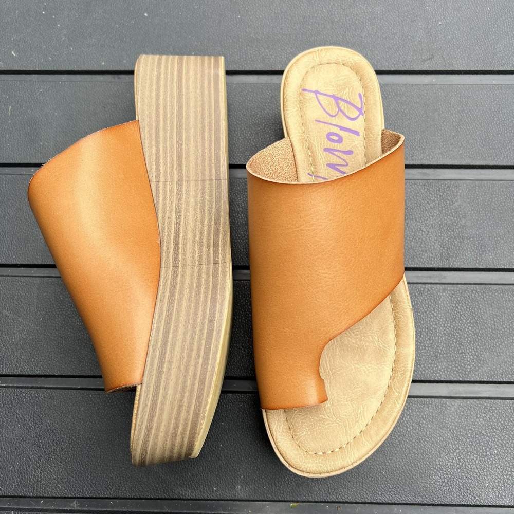 Blowfish Brown Faux Leather Platform Slide Sandals Chunky Size 7.5 Wedge Heel